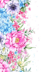 Floral watercolor background with pink peonies, anemones and hydrangea