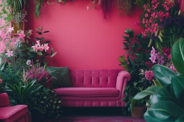 Pink sofa and flowers in vase decoration in living room interior