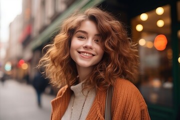 beautiful young woman walking in the city at night, smiling.