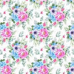 Seamless floral pattern, watercolor flowers pattern. Vintage pattern for fabric, wallpaper, textile.