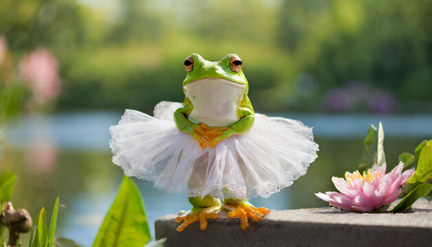 reen frog in a tutu skirt, against the backdrop of a pond 