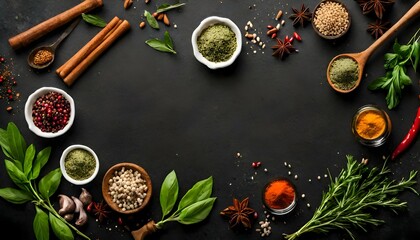 Fototapeta na wymiar Herbs and spices for cooking on dark background