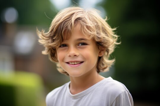 Portrait of a cute little boy with blond curly hair smiling outdoors