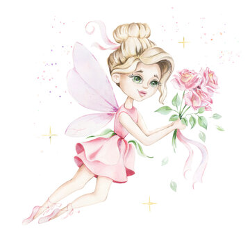 Cute flower fairy, watercolor illustration. Watercolor logo for flower workshop, cute fairy print, fairy invitation.