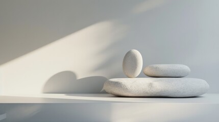 Abstract white stone podiums against a textured wall with natural light and shadow play for product display.