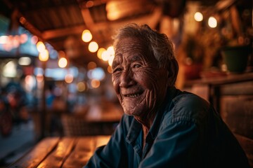 Obraz premium Portrait of an elderly Asian man sitting in a cafe at night.