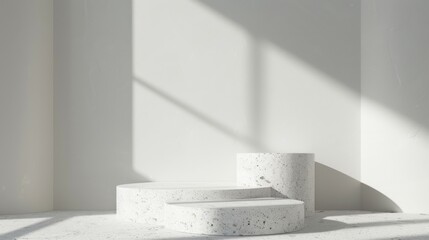 Abstract white stone podiums against a textured wall with natural light and shadow play for product display.