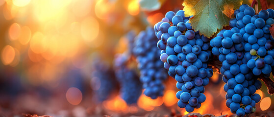 Bunch of purple grapes on the tree with golden sunlight with sparkling bokeh, space for copy.