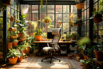Fototapeta na wymiar Work at Home Concept Home Office Interior with Computer Monitor and Garden View
