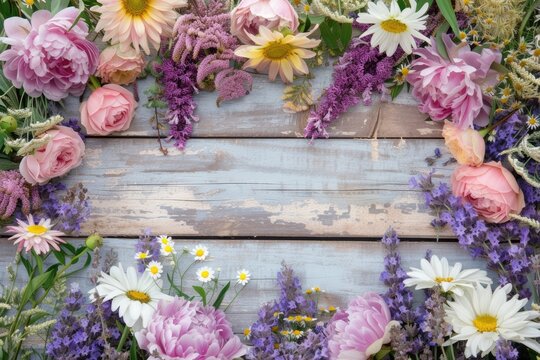 Beautiful flowers on purple vintage wooden plank background