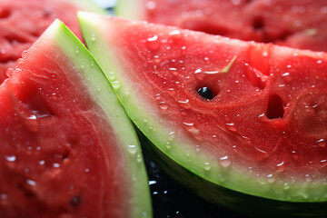Close up of fresh watermelon slices on black background with water drops