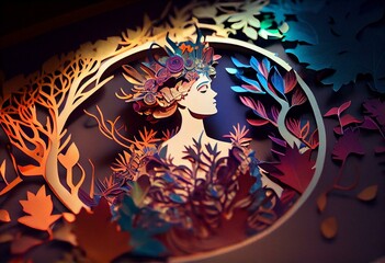 multidimensional paper cut craft, Paper illustration of fairy queen with forest flowers, colourful ornate. Generative AI