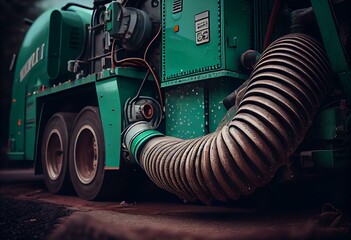 Close-up pipe hose of sewage truck car engine emptying home sewerage tank. Septic cleaning vacuum service and maintenance suburban countryside home. Suction vehicle cleaner machine. Generative AI