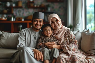 Family Love and Togetherness: Embracing Muslim Traditions and Happiness at Home, Parenting with Love, Togetherness, and Traditional Attire - obrazy, fototapety, plakaty