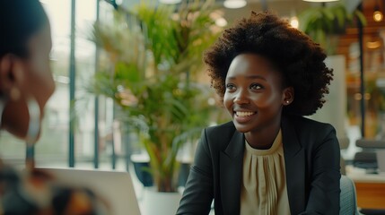 In a modern office, a happy beautiful african american female businesswoman is discussing a contract with a business partner in a conversation about business agreements. generative AI