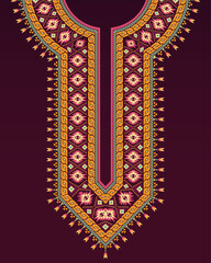 The neck design with vintage colorful abstract geometric shapes in Navajo ethnic patterns style for embroidery Indian kurta. Symmetrical neckline patterns for kurta, kurti, kaftan dress, and blouse.