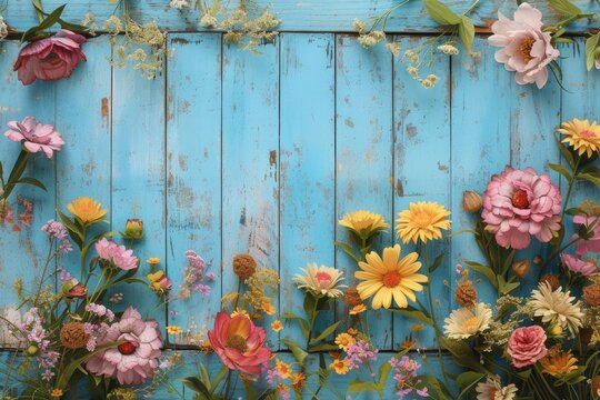 Beautiful flowers on blue vintage wooden plank background
