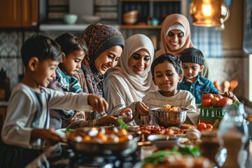 Fototapeta na wymiar Ramadan Joy: Muslim Family Dinners, Togetherness, and Hijab Happiness, Family Togetherness: Muslim Dinner Traditions and Joyful Hijab Smiles