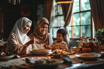 Tradition and Cuisine: Muslim Family Dinners, Togetherness, and Joyful Hijabs, Joyful Muslim Family Enjoying a Traditional Home-Cooked Meal Together