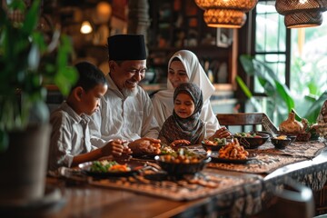 Tradition and Cuisine: Muslim Family Dinners, Togetherness, and Joyful Hijabs, Joyful Muslim Family Enjoying a Traditional Home-Cooked Meal Together