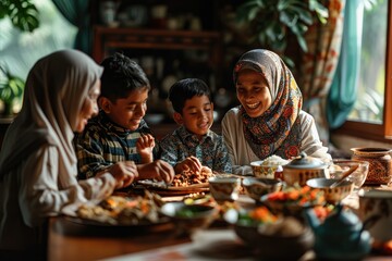 Tradition and Cuisine: Muslim Family Dinners, Togetherness, and Joyful Hijabs, Joyful Muslim Family Enjoying a Traditional Home-Cooked Meal Together