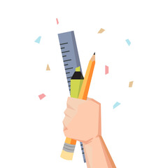 Hand Holding Highlighter, Pencil and Ruler with Scattered Paper Scraps