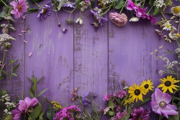 Beautiful flowers on purple vintage wooden plank background