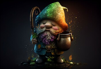 St Patrick Gnome Holding Pot Of Gold , Watercolor Style, Generative AI - obrazy, fototapety, plakaty