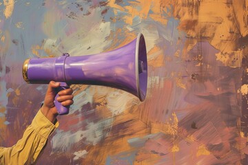 symbolized by the megaphone, amidst a colorful and textured background