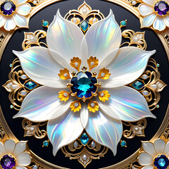 Create 4K+ AI art prompt: Craft an intricate cosmos flower with mother-of-pearl, gems, and gold, emphasizing beauty, symmetry, and elegance.(Generative AI) 