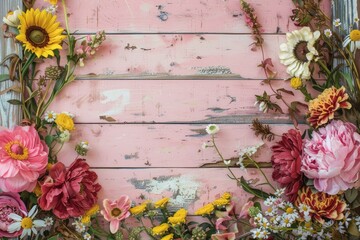 Beautiful flowers on pink vintage wooden plank background