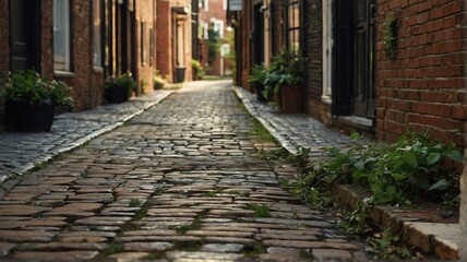 Fototapeta na wymiar Bricks stone walkway through an old historic neighborhood from Generative AI