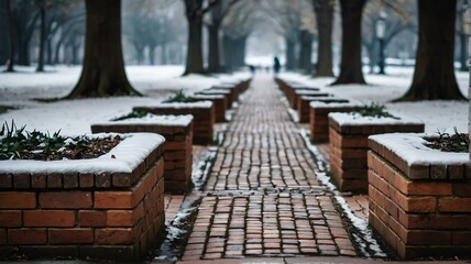 Bricks walkway through a park at winter from Generative AI