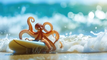 A cute octopus surfer enjoys a fun-filled summer day at the beach, riding waves with enthusiasm, Ai Generated.