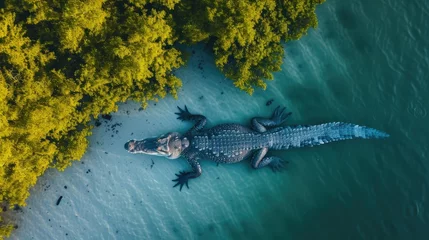Fotobehang Aerial view captures a crocodile at Cayo Centro, showcasing its presence in the serene waters, Ai Generated. © Crazy Juke