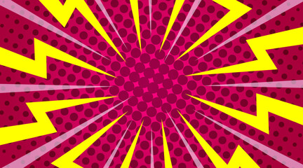 Halftone dots lightning explosion pop art comic background. Vector Illustration