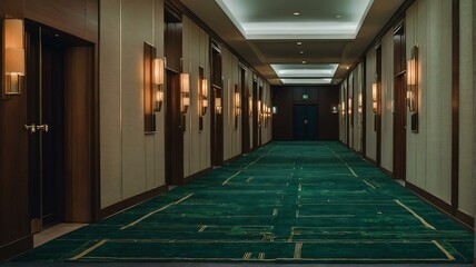 Long corridor with door rooms in a luxury hotel with green carpet from Generative AI