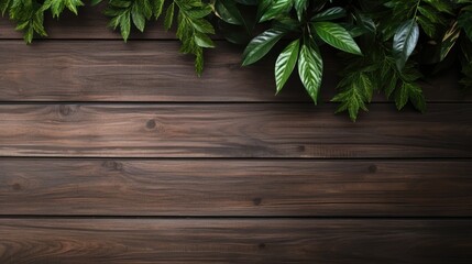 Wooden background adorned with a lush green plant, creating a harmonious natural setting, Ai Generated.