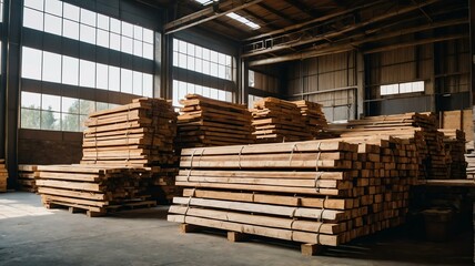 Stack of wooden planks in a warehouse from Generative AI