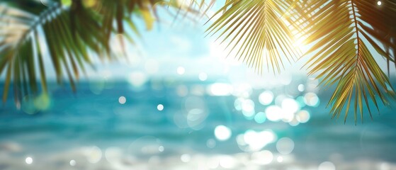 Fototapeta na wymiar Serene sea backdrop with sunlit bokeh, palm leaves create a dreamy coastal allure, Ai Generated.