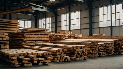 Stack of wooden planks in a warehouse from Generative AI