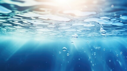 Obraz premium Tranquil water surface in soft focus, a blend of blue hues, bubbles dancing, Ai Generated.