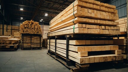 Stacks of lumber in a warehouse from Generative AI