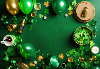 back dark green background, central part of the image is free, on the edges of the image trefoil leaves, different decorative objects, St. Patrick's Day