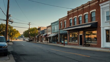 Typical small town main street with old brick buildings with specialty shops and restaurants at morning from Generative AI