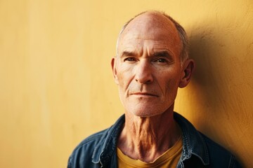 Portrait of an old man leaning against a yellow wall. Looking at camera.