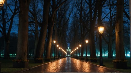 Well lit street or walkway through a park at night with tall trees from Generative AI