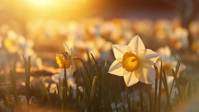 daffodil flower in the morning. beautiful flower background with sunrise. seamless looping overlay 4k virtual video animation background 