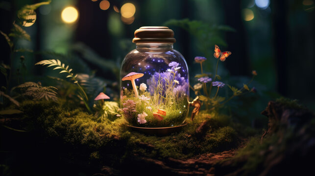 Jar with magic elixir and flowers nestled in fairy forest clearing. Enchanting. Ai Generated