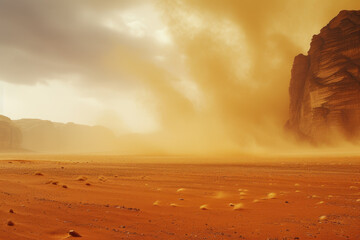 dust storm in a desert, with sand blowing across the landscape
